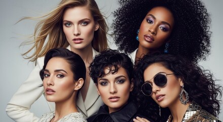 Obraz premium Five beautiful women of different ethnicities showing glamor and beauty. Diverse group of models for fashion, makeup and stylish concepts.