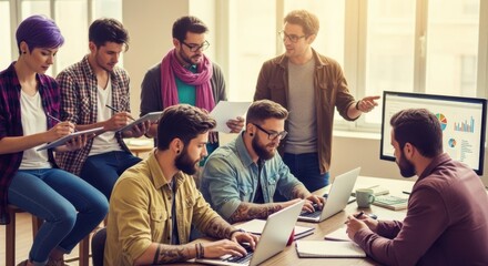 Diverse team of men and a woman collaborating in a startup office. Business meeting for planning a new project with digital technology.