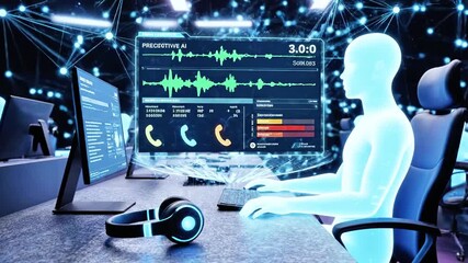 Cyber-themed environment a glowing figure interacts with holographic screens, data globe in the background - Powered by Adobe