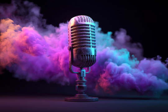 Abstract visualization of sound waves transforming into colorful smoke surrounding a microphone, concept art about music inspiration