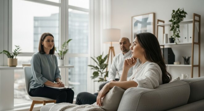 Woman at couple therapy session with her therapist and partner. Counseling for relationship problems and mental health support. - Powered by Adobe