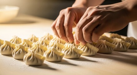 Hands shaping traditional dumplings on a wooden kitchen countertop  