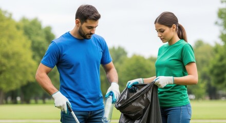 Man and woman cleaning up park. Volunteers picking up plastic bottle. Environmental protection, recycling, and community service concept.