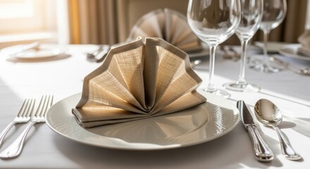 Formal dining table with neatly folded cloth napkin on white plate. Elegant restaurant setting for a celebratory meal or special event.