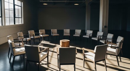 Empty chairs in a circle with a wooden stump center. Group therapy and meeting room concept. Support group and collaborative space for discussion.