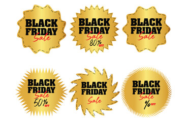 A collection of six gold black Friday sale stickers with different designs on a white background vector