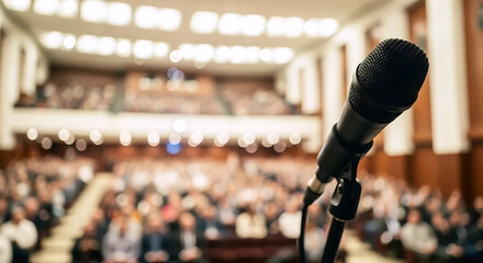 Microphone on Stand in Conference Hall with Blurred Audience Background