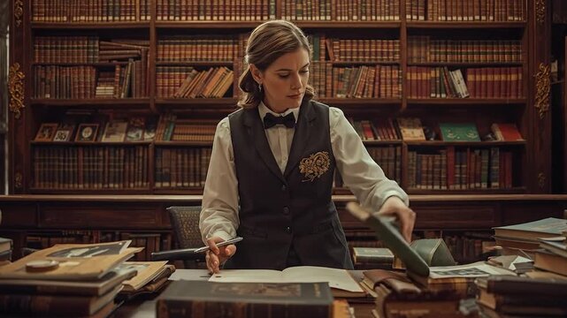 Dedicated Female Archivist Meticulously Organizing Historical Books in a Grand, Vintage Library for Research