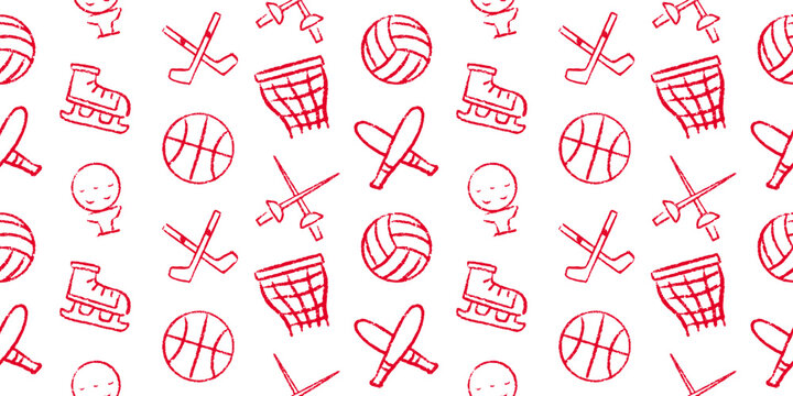 Hand-drawn doodle seamless sport pattern: volleyball, basketball, ice skates, hockey sticks, golf, cricket bats, and fencing sword. Sketchy line art background for fitness, competition, athletic games
