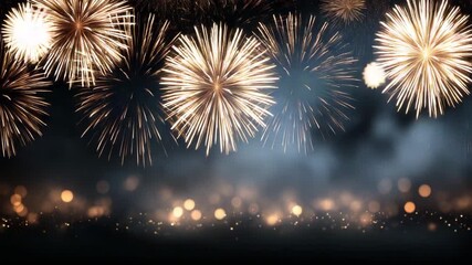 Golden fireworks exploding in night sky with smoke and bokeh lights celebration anniversary event - Powered by Adobe