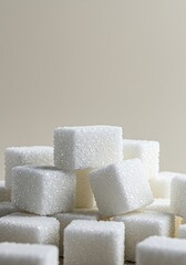 A detailed close-up view of bright white granulated sugar cubes, highlighting the sweet crystalline texture and purity against a light neutral background ,background ,macro shot ,kitchen