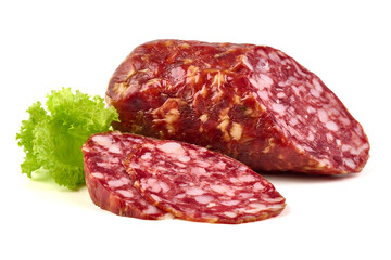 Smoked Sausage, Salame Napoli with Lettuce, isolated on white background