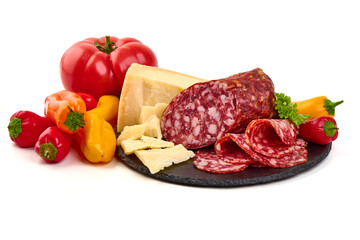 Salami Napoli and Parmesan Cheese on Slate plate, isolated on white background