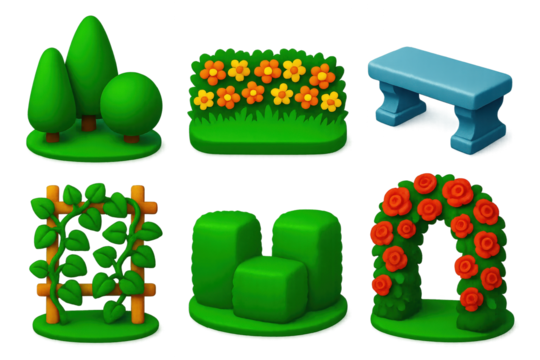 3D Botanical Icons. 3D icon set of botanical garden details: shaped bushes, flower borders, stone bench, climbing ivy, trimmed