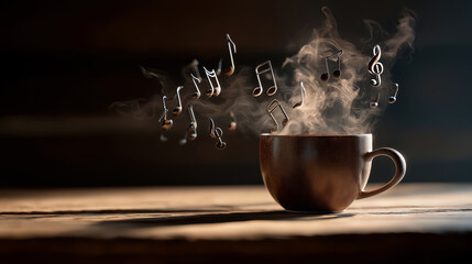 Music notes emerging from a steaming coffee cup on a wooden table, concept of morning inspiration through sound