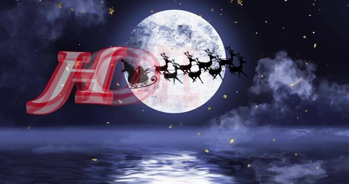 Motion blur sweep causing 3D HOHOHO! sweeping landing while sleigh flying across moon creating mood