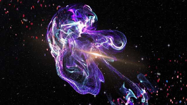 Purple nebula entering lower right, expanding, twisting while golden beam highlighting filaments