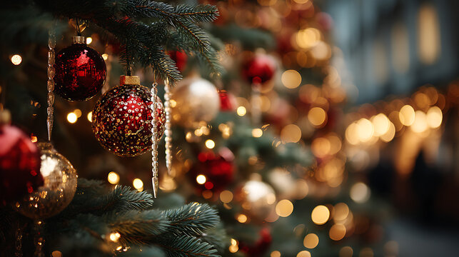 symmetrical close-up of a beautifully decorated Christmas tree, showcasing layers of gleaming red and gold baubles, delicate glass icicles, and strings of warm white lights against the deep 