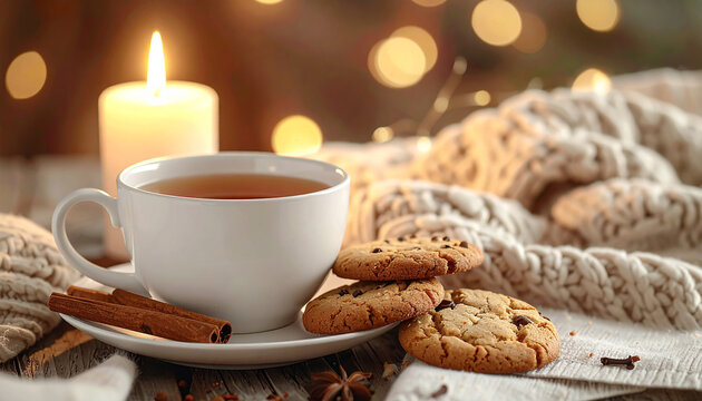 Cozy Winter Tea Time with Cookies and Candlelight.