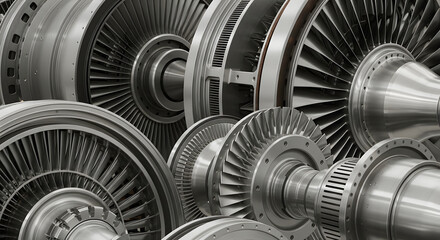 Close-up industrial shot of various mechanical turbine engine components in a detailed, metallic composition