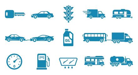 Drive into success with vibrant transport and automotive icons set