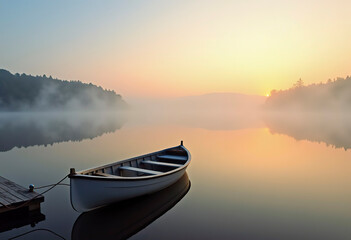 Naklejka premium A lone rowboat tied to a small dock on a perfectly calm lake at sunrise, with mist rising from the water. 