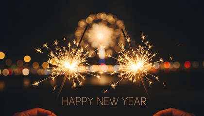 Happy New Year Sparklers with Golden Bokeh Lights