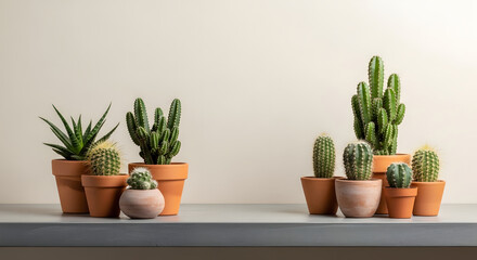 Fototapeta premium Minimalist Cactus and Succulent Potted Plants on Neutral Wall Background
