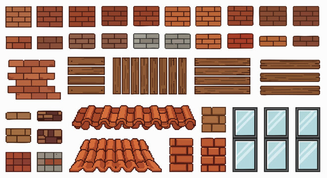 Retro pixel art building constructor elements game assets vector illustration flat design brick wall wood texture roof tiles windows 8-bit sprite kit UI