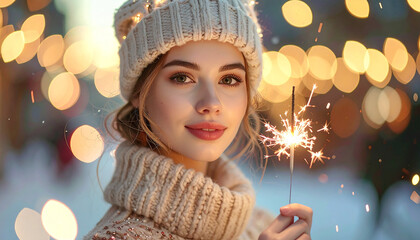 Young woman celebrating with sparkler in winter wonderland setting.