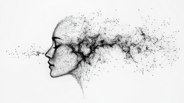 A profile view of a woman's head composed of a network of interconnected dots and lines, with a cloud of similar particles emanating from her head. - Powered by Adobe