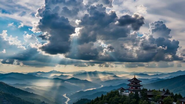 Serene landscape capturing sun rays breaking through clouds over rolling hills and a temple in the foreground
