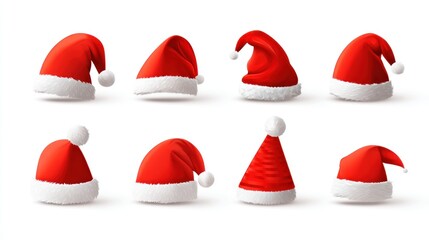 Eight different views of a red fabric hat with white fur trim and a white pom-pom on the end, floating against white