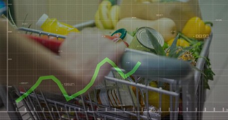 Hand gripping handle starting push, hand pushing cart while green graph rising showing sales trend