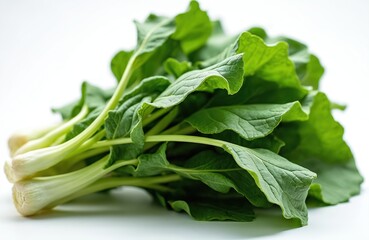 Fresh turnip greens bunch with thick white stems and bright green leaves on plain white background. This healthy vegetable is ideal for cooking, healthy eating, and vibrant food photography.