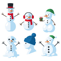 Various Cheerful Snowman Characters in Winter Attire, including Top Hat, Scarf, Santa Cap, Earmuffs, and Vest, Perfect for Christmas, Winter Holiday, and Seasonal Decoration