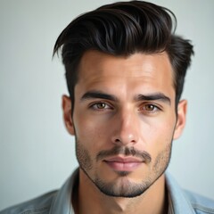 Obraz premium Close up of young man face. Guy poses, looking at camera. Male wears casual shirt. Person has stylish haircut with facial hair. Pro studio headshot. Confident man promotes beauty trends.