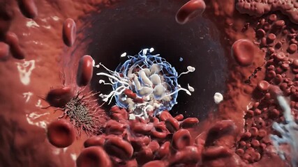 A detailed digital illustration of a blood clot within a blood vessel showing red blood cells and fibrin meshwork in a medical setting