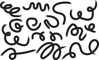 Hand drawn wavy and curly lines in black ink, isolated vector elements