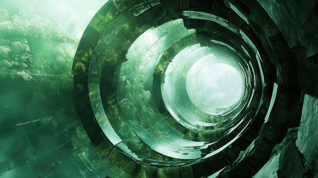 Mysterious green tunnel with layered structures and soft light, perfect for fantasy themes, sci-fi illustrations and conceptual storytelling visuals.