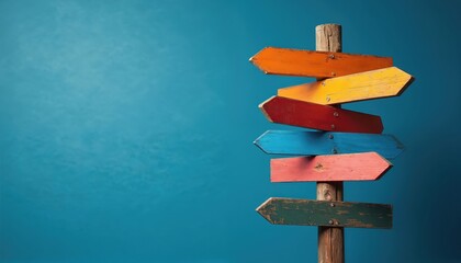 Weathered wooden post holds colorful arrow signs pointing different ways against solid blue backdrop. Image conveys options, choices, journey of decision making. Different directions available.