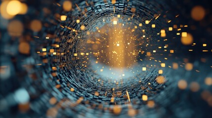 Golden particles swirling in a digital tunnel, representing information flow and technology; perfect for AI themes, data science visuals and futuristic layouts.