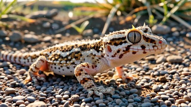 Close-up of a gecko on textured gravel with vibrant colors, showcasing unique patterns and details