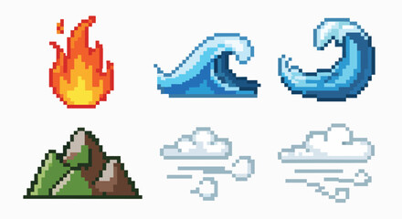 Pixel art natural elements icon set vector illustration fire wave mountain wind cloud retro game graphic design digital simple flat design
