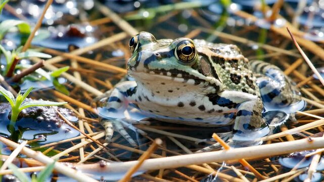 A close-up of a frog resting in shallow water surrounded by grass and twigs in a natural setting