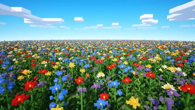Pixelated illustration of a vibrant meadow filled with colorful square flowers beneath a blue sky