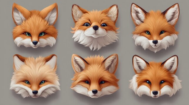 Six stylized fox head illustrations, varying in fur texture, expression, and shade of orange, against a muted grey background; digital painting style