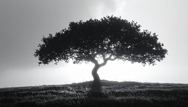Solitary Tree Silhouette Against a Bright Sky.