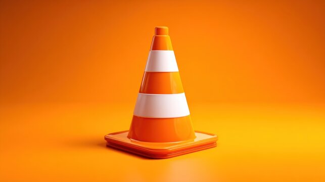 Bright, striped safety cone centered on a matching solid orange background, softly lit