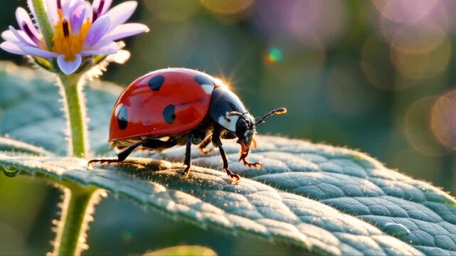 Close-up of a vibrant ladybug perched on a green leaf with delicate purple flowers in the background and soft bokeh lighting